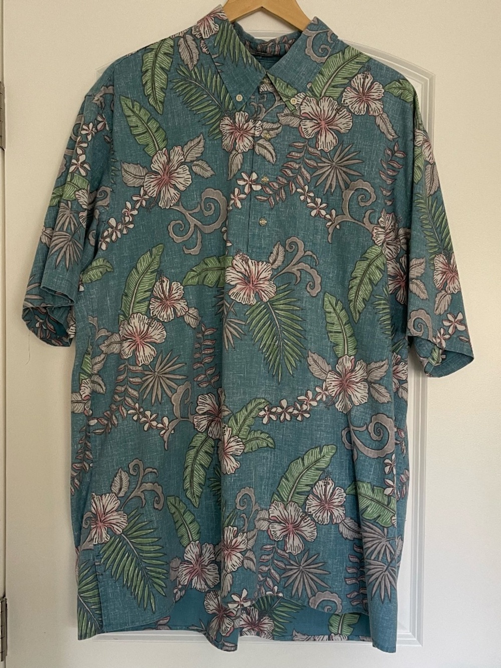 Reyn Spooner Men's 2XL Fancy Biscus Button Down Shirt Cotton Hawaiian Aloha Blue